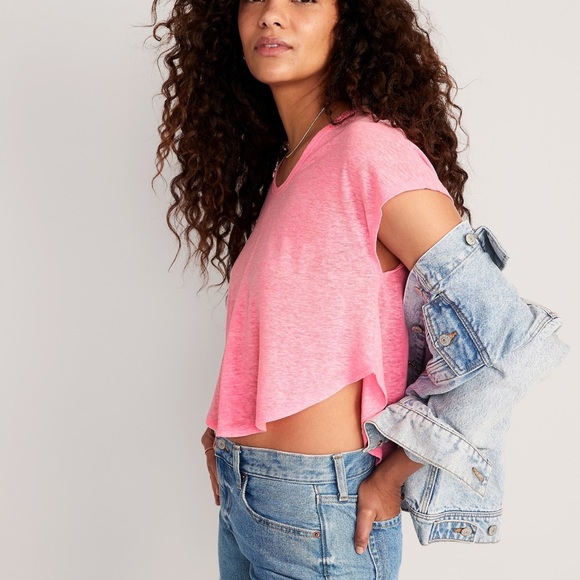 NWT OLD NAVY Linen-Blend Cropped Voop-Neck T-Shirt   : Pink Edge Neon
X LARGE - Picture 4 of 5